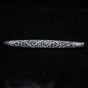 Antique Sterling Silver Repousse Bar Pin with Filigree & Flower Design